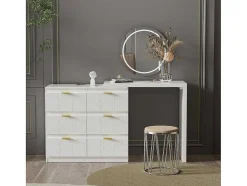 ModernLuxe Kaptafels-Eigentijdse Scandinavische Draaibare Kaptafel Met 6 Lades - Versierd Met Bloemmotief - Wit