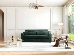 Vente-unique Slaapbank Met Matras-Express-Driezitsslaapbank Van Groen Ribfluweel - Bed 140 Cm - Matras 18 Cm - Mondovi