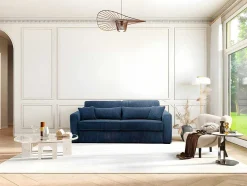 Vente-unique Slaapbank Met Matras-Express-Vierzitsslaapbank Van Blauw Ribfluweel - Bed 160 Cm - Matras 18 Cm - Mondovi