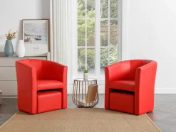 Vente-unique Fauteuil Met Holle Rugleuning-Fauteuil Met Holle Rugleuning En Poef In Rood Kunstleer Jovana