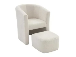 Vente-unique Fauteuil Met Holle Rugleuning-Fauteuil Met Holle Rugleuning En Poef In Witte Bouclestof Jovana