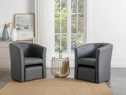Vente-unique Fauteuil Met Holle Rugleuning-Fauteuil Met Holle Rugleuning En Poef In Grijs Kunstleer Jovana