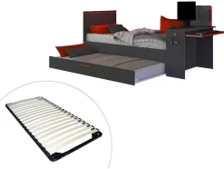 Vente-unique Bed Met Slaaplade-Gamer Bed 2 X 90 X 200 - Met Bureau - Led'S - Antraciet En Rood + Bedbodem - Vouani