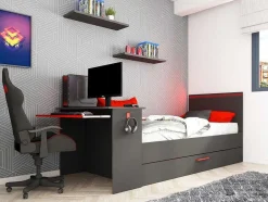 Vente-unique Bed Met Slaaplade-Gamer Bed 2 X 90 X 200 - Met Bureau - Led'S - Antraciet En Rood + Bedbodem - Vouani