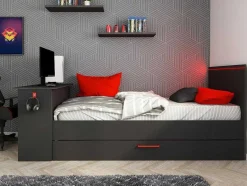 Vente-unique Bed Met Slaaplade-Gamer Bed 2 X 90 X 200 - Met Bureau - Led'S - Antraciet En Rood + Bedbodem - Vouani