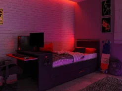 Vente-unique Bed Met Slaaplade-Gamer Bed 2 X 90 X 200 - Met Bureau - Led'S - Antraciet En Rood + Bedbodem - Vouani