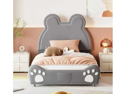 Vente-unique Kinderbed-Gestoffeerd Bed Met Hoofdeinde 90 X 200 Cm - Beervorm - Fluweel - Grijs
