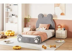 Vente-unique Kinderbed-Gestoffeerd Bed Met Hoofdeinde 90 X 200 Cm - Beervorm - Fluweel - Grijs