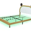 Vente-unique Tweepersoonsbed-Gestoffeerd Bed Met Verstelbaar Hoofdbord 140 X 200 Cm - Led'S - Pu Leer - Geel + Bruin