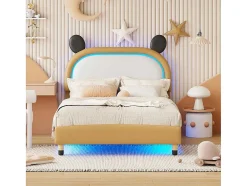 Vente-unique Tweepersoonsbed-Gestoffeerd Bed Met Verstelbaar Hoofdbord 140 X 200 Cm - Led'S - Pu Leer - Geel + Bruin