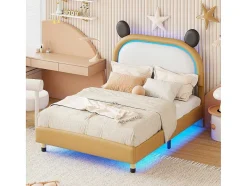 Vente-unique Tweepersoonsbed-Gestoffeerd Bed Met Verstelbaar Hoofdbord 140 X 200 Cm - Led'S - Pu Leer - Geel + Bruin