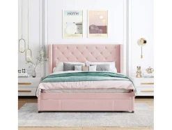 ModernLuxe Aanbiedingen: Slaapkamer & Kantoor-Gestoffeerd Bed 140X200Cm - Linnen Stof - Met Een Lade - Roze