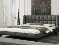 ModernLuxe Fluwelen Bed-Gestoffeerd Bed 160X200Cm In Fluweel Met Lattenbodem - Grijs