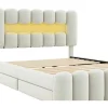 ModernLuxe Fluwelen Bed-Gestoffeerd Bed 140X200Cm Met 4 Lades - Met Led + Usb Oplaadpoort + Lezer - Beige