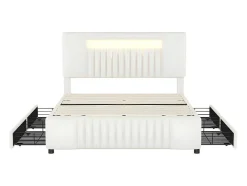 ModernLuxe Fluwelen Bed-Gestoffeerd Bed 140X200Cm Met 4 Lades - Met Led + Usb Oplaadpoort + Lezer - Beige
