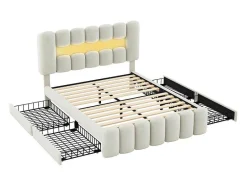 ModernLuxe Fluwelen Bed-Gestoffeerd Bed 140X200Cm Met 4 Lades - Met Led + Usb Oplaadpoort + Lezer - Beige