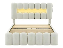 ModernLuxe Fluwelen Bed-Gestoffeerd Bed 140X200Cm Met 4 Lades - Met Led + Usb Oplaadpoort + Lezer - Beige