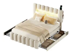 ModernLuxe Fluwelen Bed-Gestoffeerd Bed 140X200Cm Met 4 Lades - Met Led + Usb Oplaadpoort + Lezer - Beige