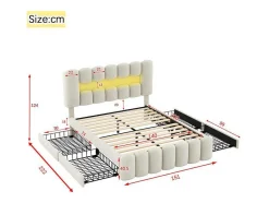 ModernLuxe Fluwelen Bed-Gestoffeerd Bed 140X200Cm Met 4 Lades - Met Led + Usb Oplaadpoort + Lezer - Beige