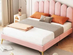 ModernLuxe Aanbiedingen: Slaapkamer & Kantoor-Gestoffeerd Fluwelen Bed 140X200Cm Met Lattenbodem - Verstelbaar Hoofdeinde - Roze