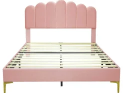 ModernLuxe Aanbiedingen: Slaapkamer & Kantoor-Gestoffeerd Fluwelen Bed 140X200Cm Met Lattenbodem - Verstelbaar Hoofdeinde - Roze