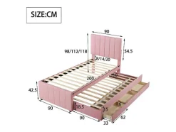 ModernLuxe Bed Met Slaaplade-Gestoffeerd Linnen Bed 90X200Cm - Met Onderschuifbed Op Wielen En 3 Lades - Roze