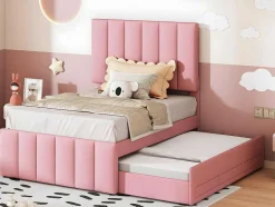 ModernLuxe Bed Met Slaaplade-Gestoffeerd Linnen Bed 90X200Cm - Met Onderschuifbed Op Wielen En 3 Lades - Roze