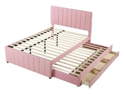 ModernLuxe Bed Met Slaaplade-Gestoffeerd Linnen Bed 140X200Cm - Met Onderschuifbed Op Wielen En 3 Lades - Roze