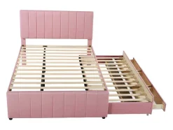 ModernLuxe Bed Met Slaaplade-Gestoffeerd Linnen Bed 140X200Cm - Met Onderschuifbed Op Wielen En 3 Lades - Roze