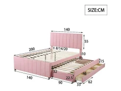 ModernLuxe Bed Met Slaaplade-Gestoffeerd Linnen Bed 140X200Cm - Met Onderschuifbed Op Wielen En 3 Lades - Roze