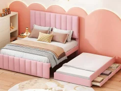 ModernLuxe Bed Met Slaaplade-Gestoffeerd Linnen Bed 140X200Cm - Met Onderschuifbed Op Wielen En 3 Lades - Roze