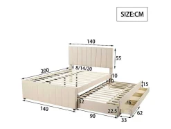 ModernLuxe Kinderbed-Gestoffeerd Linnen Bed 140X200Cm - Met Onderschuifbed Op Wielen En 3 Lades - Beige