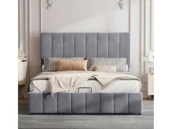 ModernLuxe Fluwelen Bed-Gestoffeerd Opbergbed - 140X200Cm - Fluwelen Stof - Grijs