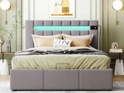 ModernLuxe Fluwelen Bed-Gestoffeerd Opbergbed 140X200Cm - Fluwelen Stof - Met Led En Bluetooth Speler - Grijs
