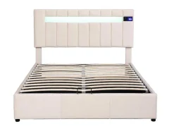 ModernLuxe Fluwelen Bed-Gestoffeerd Opbergbed 140X200Cm - Stof Fluweel - Met Led En Bluetooth Speler - Beige