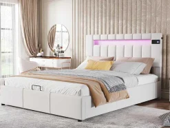 ModernLuxe Fluwelen Bed-Gestoffeerd Opbergbed 140X200Cm - Stof Fluweel - Met Led En Bluetooth Speler - Beige