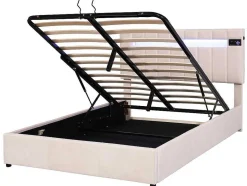 ModernLuxe Fluwelen Bed-Gestoffeerd Opbergbed 140X200Cm - Stof Fluweel - Met Led En Bluetooth Speler - Beige