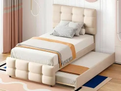 ModernLuxe Kinderbed-Getuft Onderschuifbed 90X200Cm - Verstelbaar Hoofdeinde - Linnen Stof - Beige