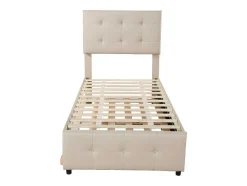 ModernLuxe Kinderbed-Getuft Onderschuifbed 90X200Cm - Verstelbaar Hoofdeinde - Linnen Stof - Beige
