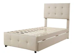 ModernLuxe Kinderbed-Getuft Onderschuifbed 90X200Cm - Verstelbaar Hoofdeinde - Linnen Stof - Beige