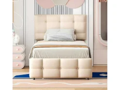 ModernLuxe Kinderbed-Getuft Onderschuifbed 90X200Cm - Verstelbaar Hoofdeinde - Linnen Stof - Beige