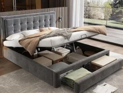 ModernLuxe Fluwelen Bed-Gewatteerd Opbergbed 160X200Cm In Fluweel Met Lade + Lattenbodem - Grijs (Zonder Matras)