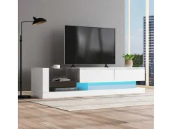 Vente-unique Tv-Meubel-Glanzend Tv-Meubel Met 2 Deuren En 2 Glazen Planken - Spaanplaat - Led'S - Wit