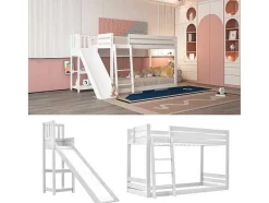 ModernLuxe Kinderbed Stapelbed-Grenen Stapelbed Met Plank En Glijbaan + Lattenbodem - 90X200Cm - Wit
