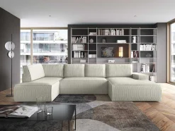 Vente-unique Xxl Hoekbank-Grote Omkeerbare Hoekbank Van Beige Ribfluweel Amelia