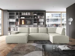 Vente-unique Xxl Hoekbank-Grote Panoramische Omkeerbare Hoekslaapbank Met Hoek Links Van Beige Ribfluweel Amelia