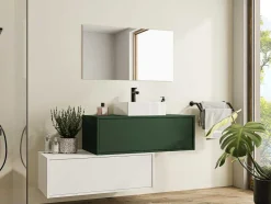 Vente-unique Badkamermeubel Met Enkele Wastafel-Hangend Badkamermeubel Groen En Wit Met Enkele Wastafel En Twee Laden - 94 Cm - Teana Ii