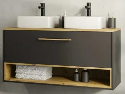 Vente-unique Dubbele Wastafel-Hangend Badkamermeubel Met Dubbele Wastafel En Spiegelkast - Antraciet - 120 Cm - Yangra