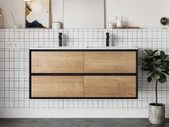 Vente-unique Dubbele Wastafel-Hangend Badkamermeubel Met Inbouwwastafel - Lichte Naturel En Zwart - 120 Cm - Lannick