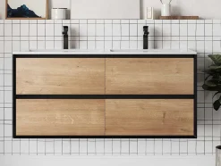 Vente-unique Dubbele Wastafel-Hangend Badkamermeubel Met Inbouwwastafel - Lichte Naturel En Zwart - 120 Cm - Lannick